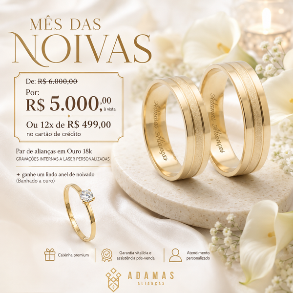 Alianças de Ouro 18k - Reta 2 frisos Diamantada 5 Milímetros