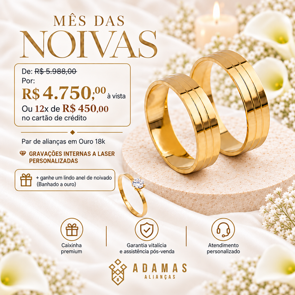 Alianças de Ouro 18k - Reta com 2 frisos 5 Milímetros