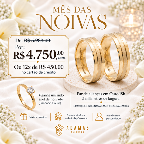 Alianças de Ouro 18k - Reta 2 frisos Diamantada 5 Milímetros