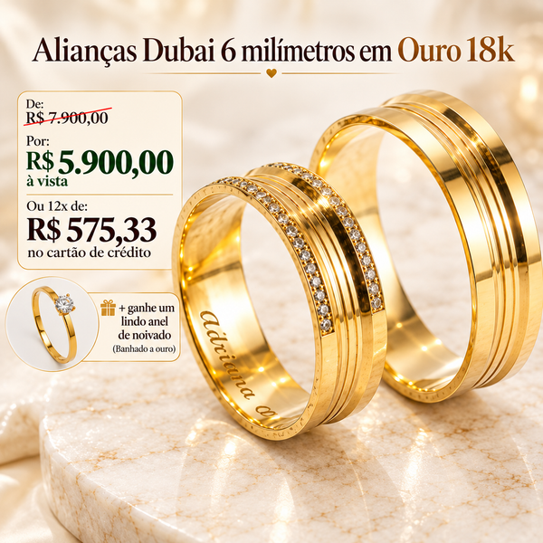 Alianças em Ouro 18k - Modelo Dubai 6 Milímetros