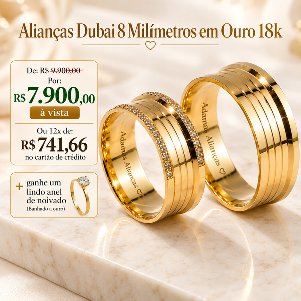 Alianças em Ouro 18k - Modelo Dubai 8 Milímetros