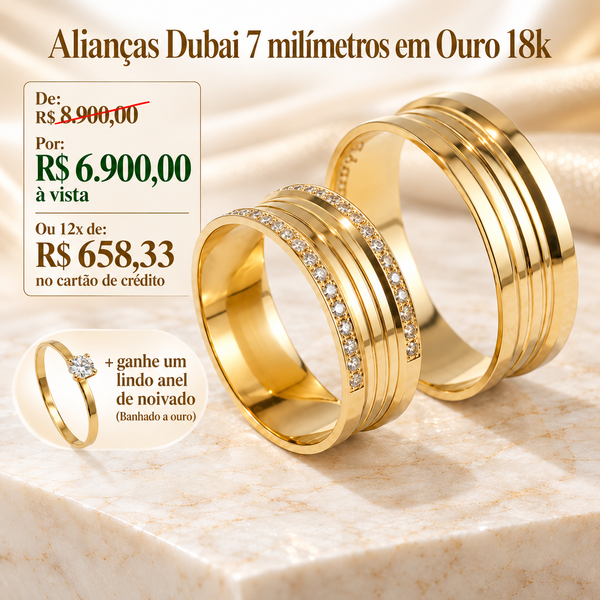 Alianças de casamento em Ouro 18k - Modelo Dubai 7 Milímetros