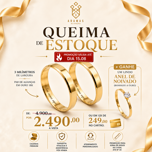 Alianças de Ouro 18k - Chanfrada 3 mm - Queima de Estoque