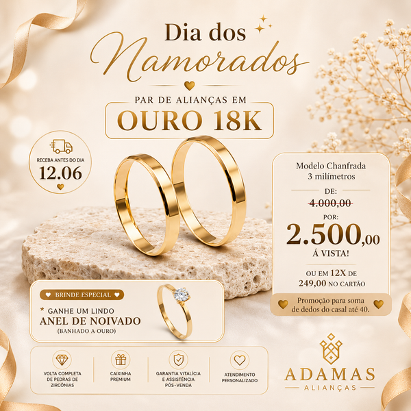 Alianças de Ouro 18k - Chanfrada 3 mm Promoção Dia dos Namorados